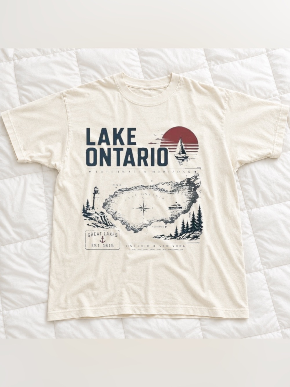 Lake Ontario Graphic Tee - Cream Crewneck Shirt With Classic Outdoor And Vintage